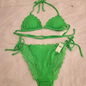 Aerie waffle scalloped green bikini